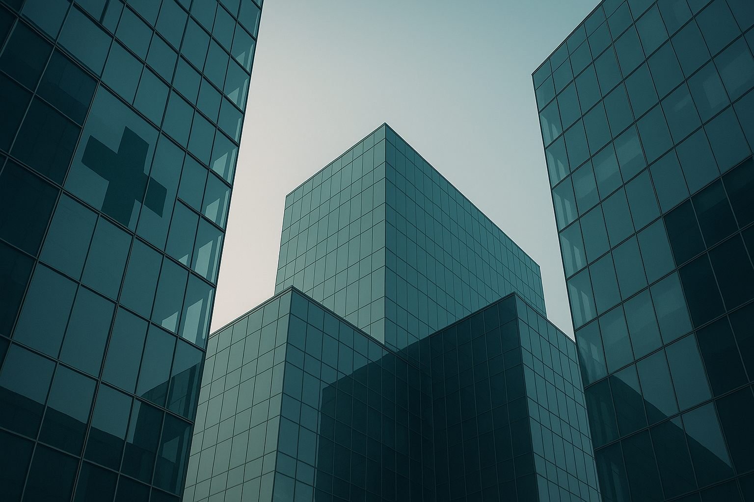 Abstract composition of distinct glass hospital buildings representing Switzerland's decentralized cantonal hospital network