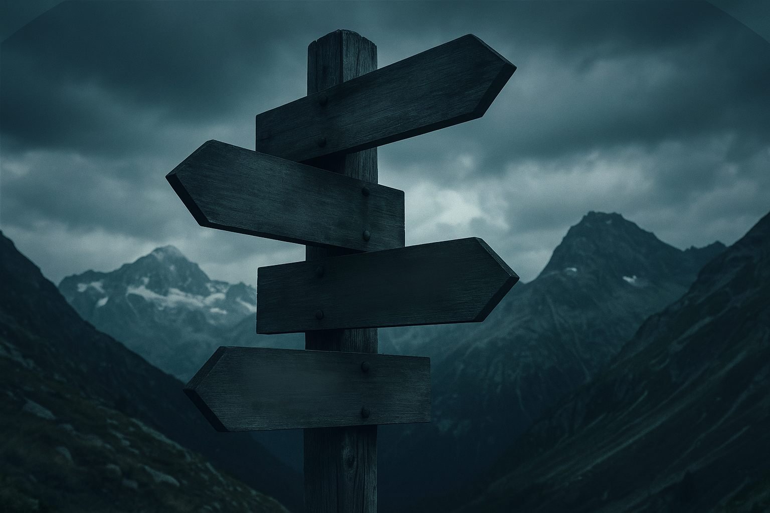 Weathered wooden signpost with multiple blank directional arrows at a Swiss Alpine trailhead, symbolizing the need for a differentiated cantonal strategy